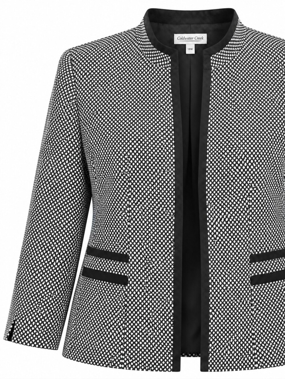 COLDWATER CREEK | Black White Polka Dot Open Front Mandarin Blazer Jacket | 18W